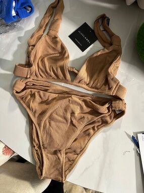 JLUXLABEL Ribbed Tan Bandeau Bikini Set